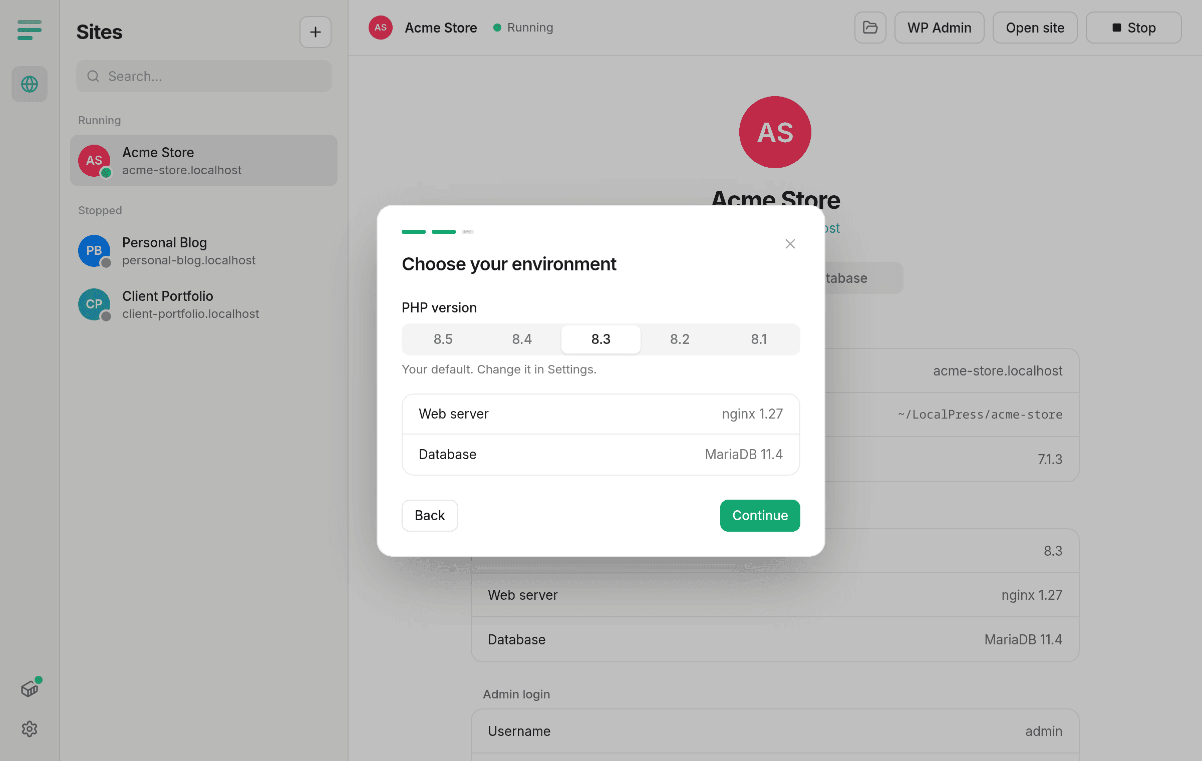 New site dialog with PHP versions 8.1 to 8.5
