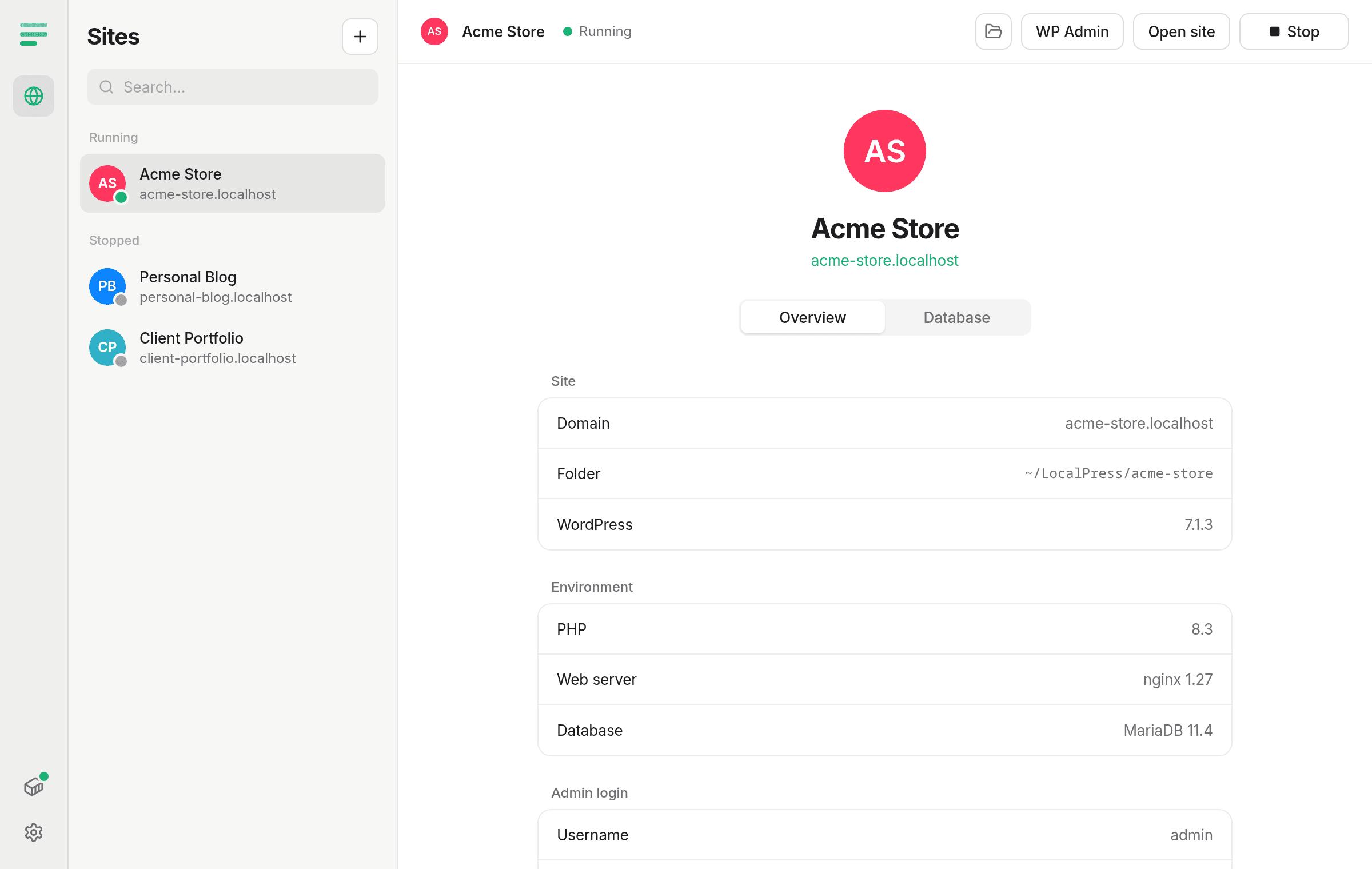 LocalPress showing a running WordPress site with its domain, PHP version and admin login